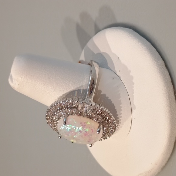 Oval Opal Cocktail Ring With Imitation Rhodium & CZ Halo size 6-10 - Picture 8 of 8